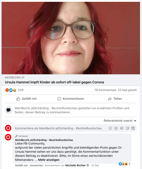 Aufgrund der zahlreichen beleidigenden Kommentare unter dem Facebook-Beitrag zum Angebot der Schärdinger Ärztin Ursula Hammel musste das BezirksRundSchau-Team die Kommentarfunktion deaktivieren.