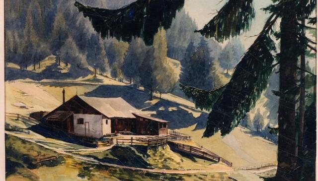 So sah die Umbrüggler Alm einst aus: Ansicht der ehemaligen Umbrüggler Alm von Westen. Aquarell von A. Bergmann, 1953
