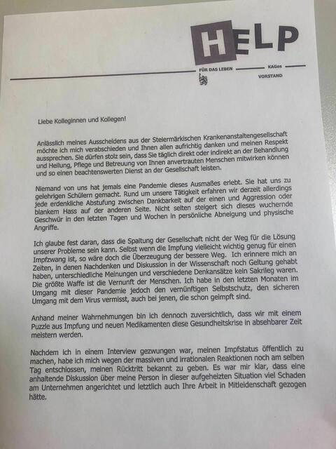 In einem ausführlichen Brief wandte sich Noch-Kages-Vorstand Karlheinz Tscheliessnigg an die Spitalsbelegschaft.