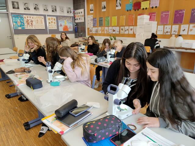 Die Schülerinnen und Schüler haben sichtlich Freude beim Untersuchen und Beobachten der „Proben“. | Foto: HAK/HAS und HLW Landeck