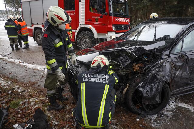 Der Wagen rammte ein Verkehrsschild sowie zwei Bäume. | Foto: laumat.at/Matthias Lauber