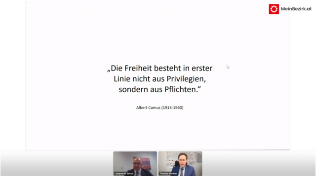 Primar Lamprechts Appell an die Bevölkerung, sich nicht nur zum Eigenschutz sondern auch im Sinne der Gesellschaft impfen zu lassen. | Foto: Screenshot Vortrag Dr. Bernd Lamprecht