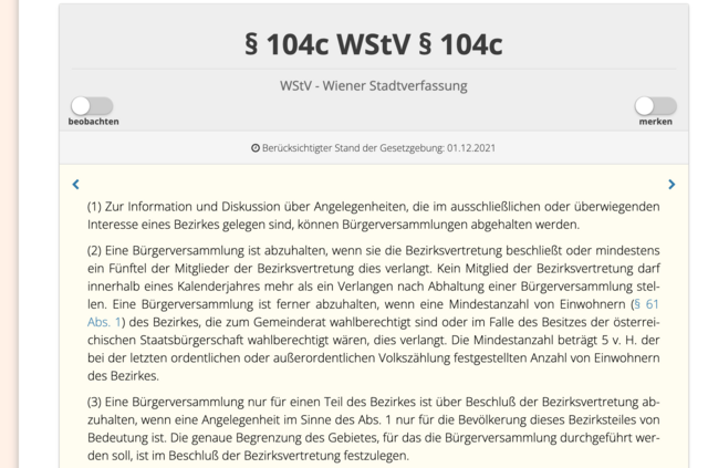 In der Wiener Stadtverfassung können Interessierte mehr über das Thema Bürgerversammlung erfahren.