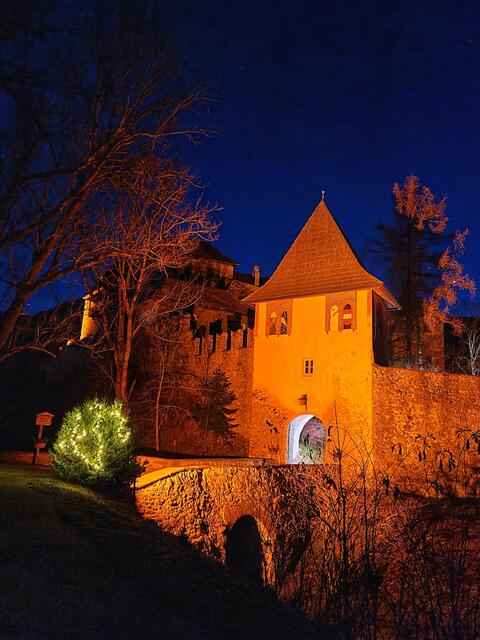 Schloss Rothenfels leuchtet in orange und macht auf die Aktion aufmerksam. | Foto: Ulrike Steiner