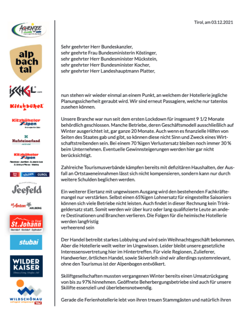 14 Tiroler Tourismusregionen und 70 Leitbetriebe wenden sich in einem offenen Brief an die Bundesregierung.