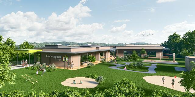 So soll der neue Kindergarten mit Kinderkrippe am Ende aussehen.  | Foto: Rendering Achitekturbüro sperl.schrag