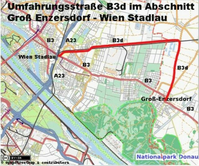Auf dieser alten Grafik ist eine mögliche Trasse der vor 2005 geplanten zweispurigen Erschließungsstraße "B 3d" zu sehen. Sie sollte die Seestadt erschließen und die Ortskerne Aspern und Essling entlasten. (Andere Varianten mündeten östlich von Großenzersdorf.) 2005 wurde stattdessen eine Verlängerung der A23 Südosttangente zur Seestadt beschlossen. | Foto: Präsentation der "Aktion 21 - Pro Bürgerbeteiligung"
