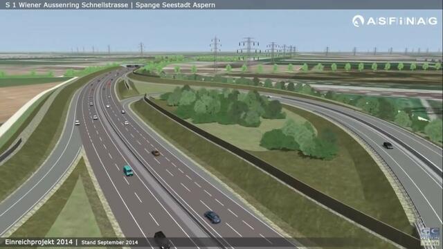 Visualisierung des geplanten Autobahnknotens Raasdorf aus dem Einreichprojekt 2014, Verknüpfung der "Lobauautobahn" S1 (Bildmitte) mit der "Autobahn-Spange Seestadt".  Diese wurde ab etwa 2011 (Vorprojekt) als Ersatz für die ursprünglich vorgesehene A 23 zwischen Seestadt und Knoten Raasdorf geplant (und ist weiterhin zum Bau vorgesehen). Autobahnknoten verbrauchen viel landwirtschaftliche Fläche. Screenshot aus dem youtube-Video der ASFINAG. (Mit Dank für die Abdruckgenehmigung) | Foto: ASFINAG