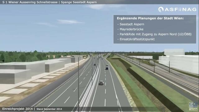 Zum Vergleich: Hier die Autobahn "Spange Seestadt" im Bereich Seestadt Aspern, wie sie im Einreichprojekt 2014 geplant war (und jetzt an dieser Stelle als Spange Seestadt weiterhin geplant ist). Sie entspricht in der Dimensionierung der ursprünglich dort geplanten A23-Südosttangente-Verlängerung: Vierspurig plus Pannenstreifen. Siehe zum Vergleich die Visualisierung der "Stadtstraße" im nächsten Bild. | Foto: ASFINAG