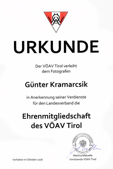 Bild 07: Urkunde des Tiroler Landesverbandes für die Ehrenmitgliedschaft aus dem Jahr 2016 | Foto: © by VÖAV_LV Tirol