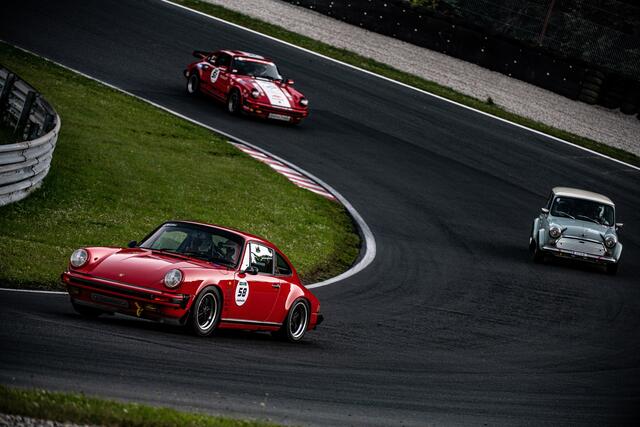 Lilly zwischen zwei Porsche