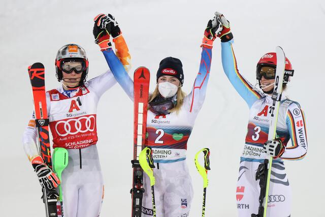 Die Top-Drei von Schladming: Mikaela Shiffrin triumphierte vor Petra Vlhova (links) und Lena Dürr. | Foto: GEPA