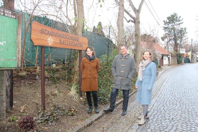 Magdalena Hubauer (GB*), Georg Papai und Sabine Gehmayr (GB*, v.l.) suchen nach einer Lösung für die Stammersdorfer Kellergasse.  | Foto: BV21