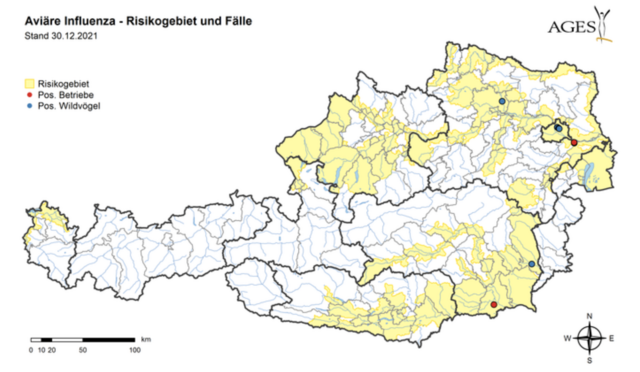 Die Überwachungszonen in Österreich. Der Bezirk Braunau zählt zu den Risikogebieten. | Foto: AGES