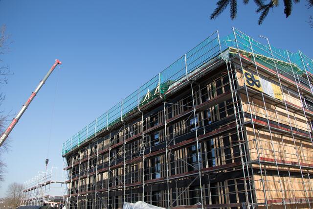 Rund die Hälfte der Holzriegelmodule wurde bereits aufgestellt.