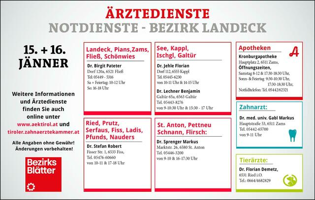 Die Notdienste im Bezirk Landeck für Samstag, 15. Jänner und Sonntag, 16. Jänner.