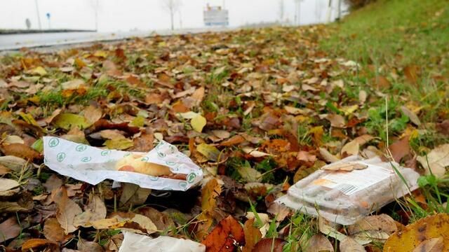 Vollkommen unberührte frische Wurstsemmel, einfach weg geworfen.