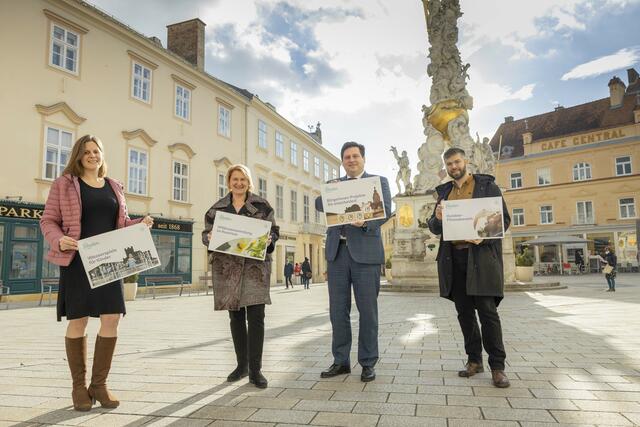Petra Haslinger, Helga Krismer, Stefan Szirucsek und Stefan Eitler präsentieren die drei ab 14. Februar zur Abstimmung freigegebenen Bürgerprojekte: Outdoor-Fitnesspark, Wildrosenpark oder Wasserspiele für Kinder | Foto: psb