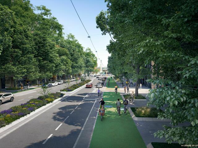 Ein riesiges Projekt nimmt in der Leopoldstadt seinen Lauf: Mit der Umgestaltung der Praterstraße soll ein sieben Kilometer langer Rad-Highway von der Donaustadt bis zur City entstehen. | Foto: ZOOMVP/Mobag (Visualisierung)