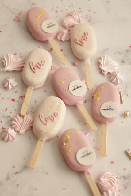 Weil Liebe auch durch den Magen geht: Kleine Kunstwerke speziell zum Valentinstag fertigt die Salzburger Konditormeisterin und Cake-Designerin Andrea Streitwieser von "Cake Couture" an, etwa Macarons und "Cakesicles" (im Bild) mit verzierter Aufschrift "Love" oder "Be my valentine". | Foto: Cake Couture