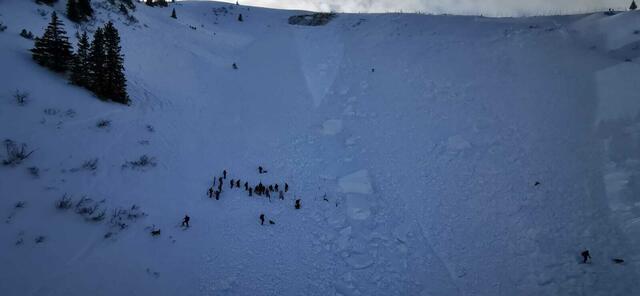 Aufgrund gefundener Einfahrtsspuren wurde mit einem Großaufgebot nach Opfern gesucht. Letztlich konnten jedoch keine Hinweise auf verschüttete Personen gefunden werden. | Foto: Twitter/Michael Bauer