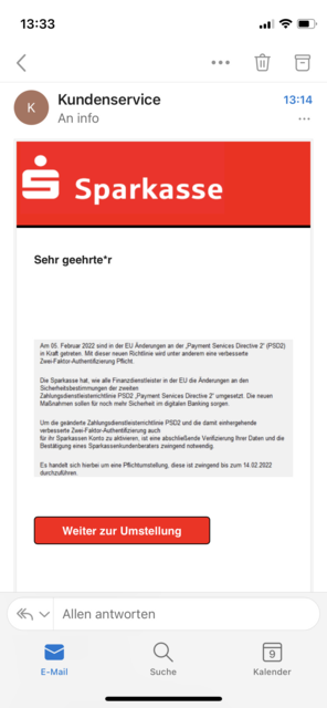 Eine typische Phishing-Mail. Nichts klicken, gleich löschen. | Foto: privat