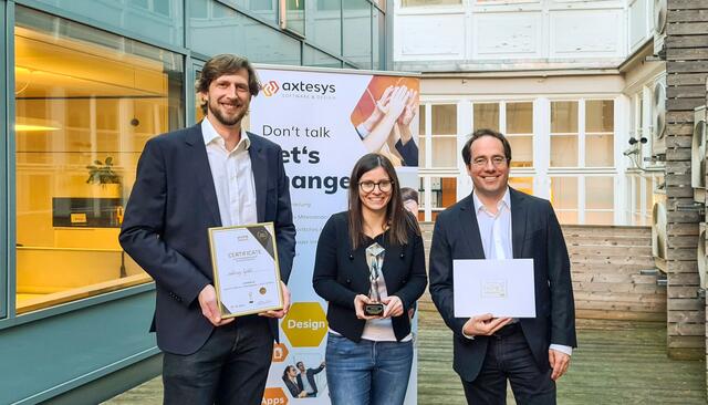 Die Geschäftsführung von axtesys, Paul Klima, Sandra Derler und Markus Moser (v.l.n.r.) freuen sich über den Dienstleistungsaward.  | Foto: axtesys