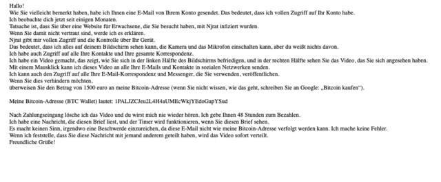 In Mails wie dieser werden die Empfänger erpresst. | Foto: private E-Mail