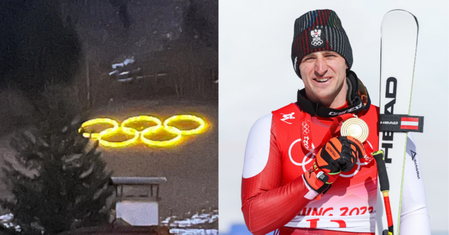 Diese Lichtinstallation erstrahlt in Afritz am See. Natürlich zu ehren für "Gold"-Mothl Matthias Mayer. | Foto: Privat/GEPA