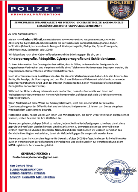 Mit gefälschten Schriftstücken wie diesen versuchten die Täter die Frau zu erpressen. | Foto: LPD (screenshot)