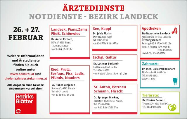 Die Notdienste im Bezirk Landeck für Samstag, 26. Februar und Sonntag, 27. Februar. | Foto: BezirksBlätter