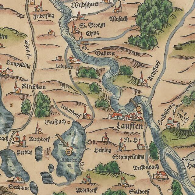 Auf einer Bairischen Landtafel aus dem Jahr 1568 von Philipp Apian ist auf der Insel im Abtsee eine Burg eingezeichnet. | Foto: Land Salzburg / Bayerische Landesbibliothek Online