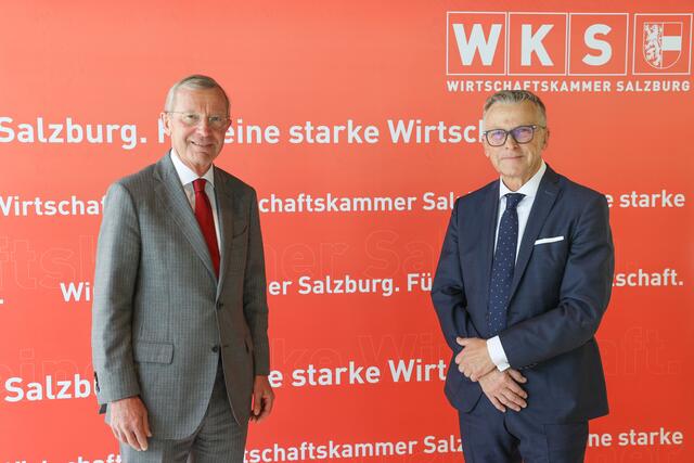 Salzburgs Landeshauptmann Wilfried Haslauer und Salzburgs Wirtschaftskammerpräsident Peter Buchmüller. | Foto: Wirtschaftskammer Salzburg/Franz Neumayr