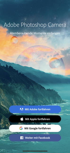 Unser App-Tipp der Woche "Photoshop Camera" ist eine Kamerapp, bei der schon beim Fotografieren verschiedene Filter, de man sonst nur von Photosh0op kennt, direkt über das neue Bild legen kann. | Foto: Screenshot