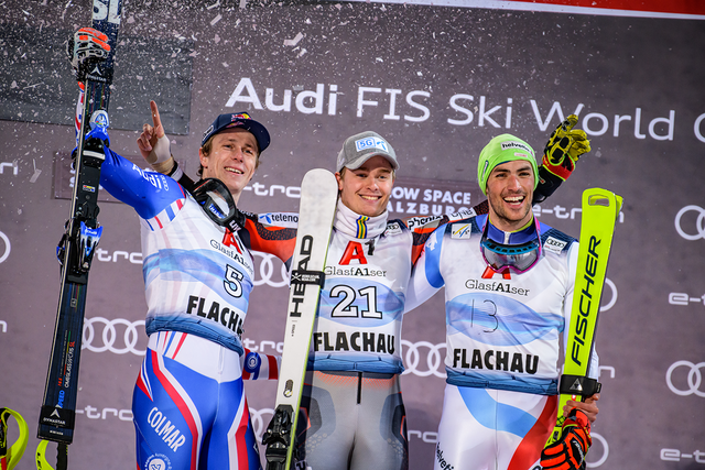 Der Norweger Atle Lie McGrath feierte seinen ersten Weltcupsieg in Flachau vor Clement Noel (FRA) und Daniel Yule (SUI). | Foto: Christoph Huber