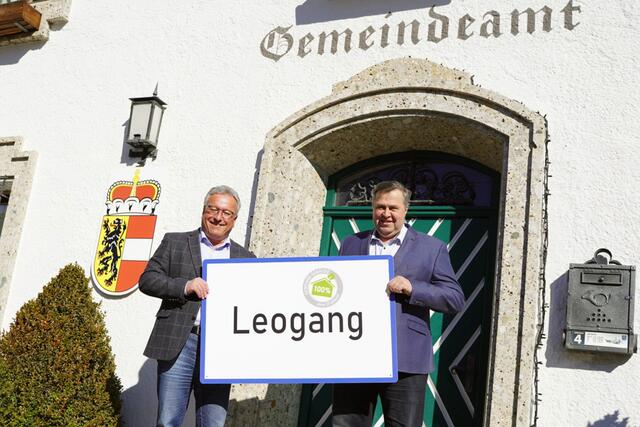 "Silber" für Leogang: LH-Stv. Heinrich Schellhorn gratuliert Bgm. Josef Grießner zur sauberen Wärmeversorgung für die Gemeindegebäude. | Foto: Land Salzburg