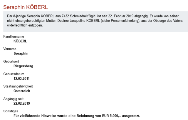 Die Beschreibung von Seraphin wird vom Bundeskriminalamt unter "Personenfahndung nach vermissten Minderjährigen" geführt.  | Foto: Bundeskriminalamt