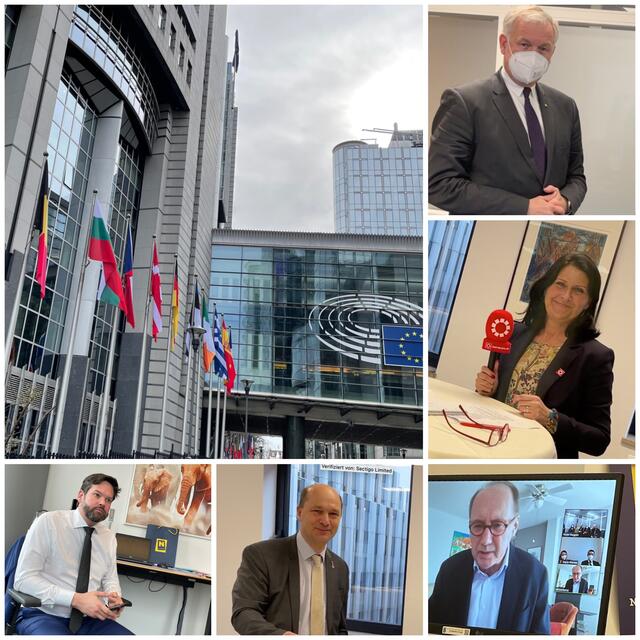 Live aus Brüssel: Landesrat Martin Eichtinger, NÖs Gemeindebundpräsident Hannes Pressl, Erster Vizepräsident Othmar Karas, EU-Abgeordneter Lukas Mandl mit Karin Zeiler. | Foto: Collage und Fotos: Karin Zeiler