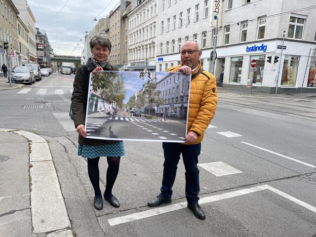 Währings Bezirkschefin Silvia Nossek (Grüne) und der Hernals Bezirksvorsteher Peter Jagsch (SPÖ) präsentierten gemeinsam die Pläne. | Foto: Thomas Netopilik