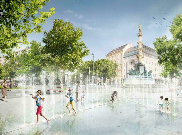 Umgestaltung des Pratersterns: Im Sommer soll ein 500 Quadratmeter großes, sternförmiges Wasserspiel für Abkühlung sorgen. Die Bauarbeiten starten im Herbst
 | Foto: Arge Praterstern, KENH Architekten und DnD Landschaftsplanung