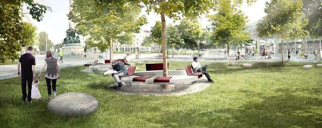 Umgestaltung des Pratersterns: Rund um die Bäume wird es moderne Sitzgelegenheiten, sogenannte 'Prateroide' geben. | Foto: Arge Praterstern, KENH Architekten und DnD Landschaftsplanung