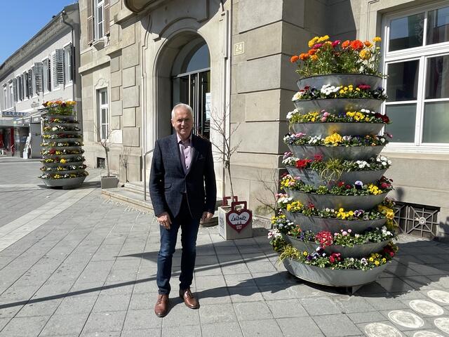 Bgm. Helmut Leitenberger vor den neu gepflanzten Blumensäulen, die von vielen Seiten bewundert werden. | Foto: Waltraud Fischer