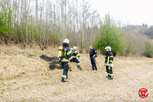 Beim Eintreffen der Einsatzkräfte war der Flurbrand bereits von den Jugendlichen gelöscht worden. Die Polizei war zur Brandermittlung ebenfalls vor Ort. | Foto: FF Bad Schallerbach