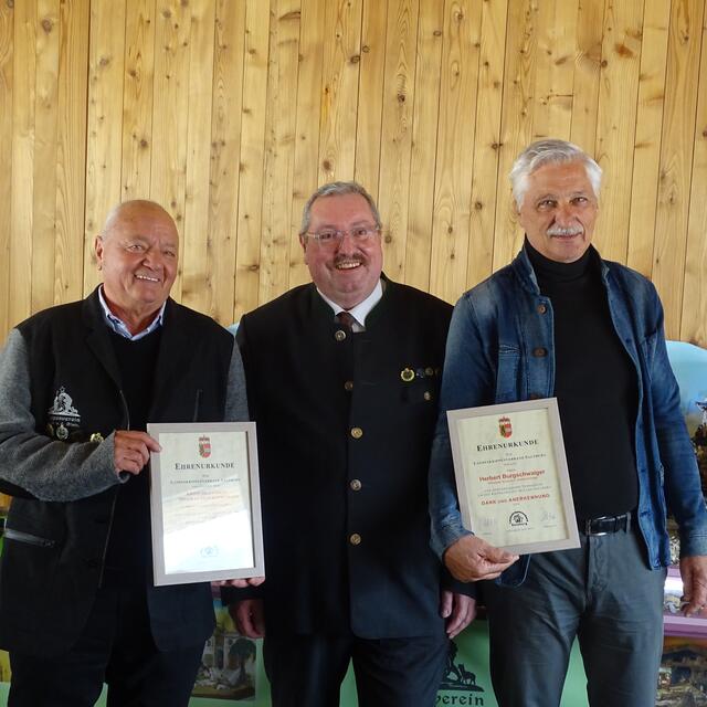 Ehrung des Landeskrippenverbandes: Obmann Siegfried Maßer, Landeskrippenverbands-Obmann Günther Hopfgartner, Gründungs-Obmann Herbert Burgschwaiger | Foto: Eike Krenslehner