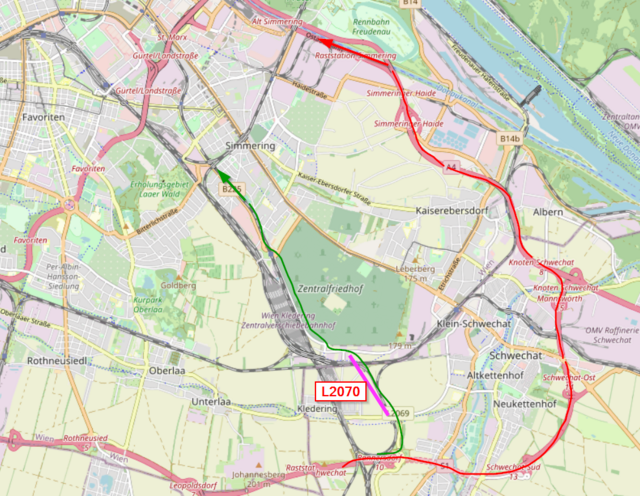 Bisher fuhren Autofahrer von der S1 bis zum Knoten Schwechat, dann auf die A4 weiter Richtung Zentrum (rote Linie). Künftig könnte dieser Weg deutlich durch die Nutzung der neuen L2070 (lila), die eine Route entlang des Zentralfriedhofs und Schemmerlstraße in den 11. und 3. Bezirk bietet (grüne Linie), abgekürzt werden. | Foto: Andreas Fritsch