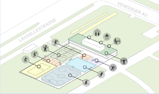 Badminton, Beachvolleyball oder Streetbasketball: Indoor und outdoor werden verschiedene Sportarten geboten.  | Foto: Schluder Architekten