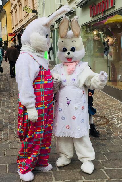 Sogar die Osterhasenfamilie ist am Villacher Ostermarkt unterwegs, um fleißig für das Osternest einzukaufen.