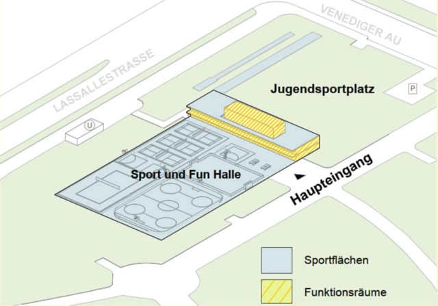 Die neue Sport &amp; Fun Halle soll 365 Tage im Jahr nutzbar sein. Auf einer Gesamtfläche von 7.900 Quadratmetern will man eine optimale Verbindung von Indoor- und Outdoor-Sport ermöglichen.  | Foto: Schluder Architekten