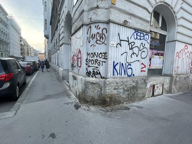 Die beschmierte Hausfassade wird laut den Mieterinnen und Mieter als „Pinkel-Eck“ für Hunde verwendet. | Foto: Salme Taha Ali Mohamed