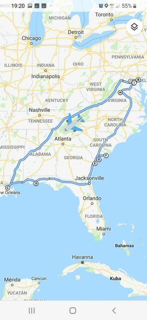 Hier siehst du unsere Reise:
Flug von Washington DC nach New Orleans und retour per Auto | Foto: Petra Mayr